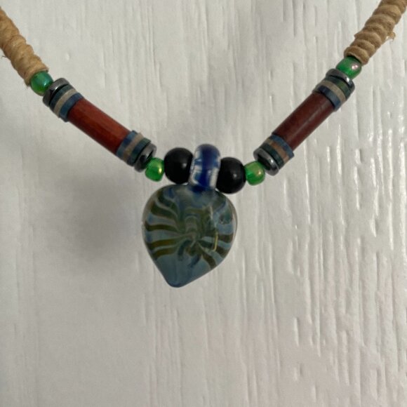 16" Handmade Beaded Necklace with Glass Pendant - Picture 3 of 5